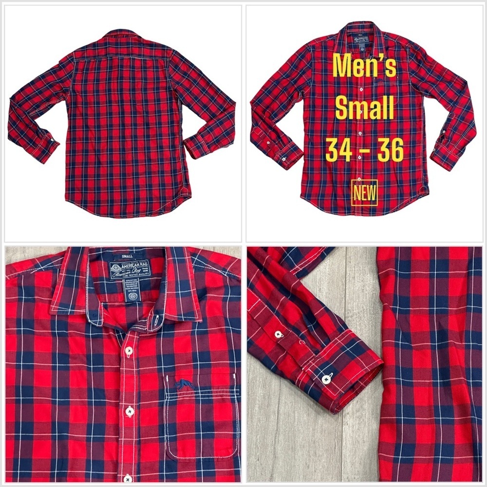 Men's American Rag Small Shirt Plaid Red Blue Long Sleeve Button Front Pocket